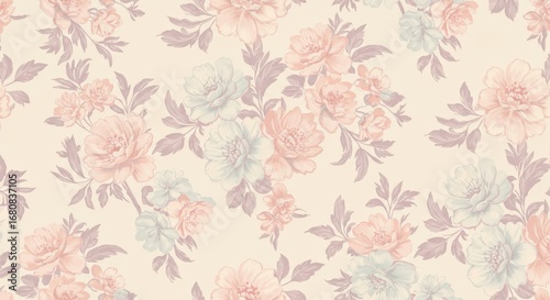 Pastel Floral Pattern: Soft Pink Blue and Cream Flowers.