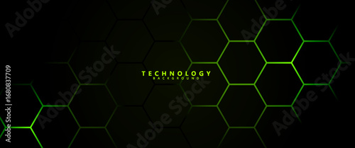 Futuristic hexagon technology background with glowing neon green edges on dark gradient. hexagon background.