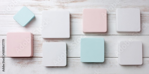 Wallpaper Mural Assortment of Pastel Colored Square Blocks Arranged on a White Wooden Surface image photo Torontodigital.ca