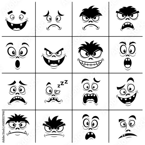 Cartoon faces expressing various emotions happiness sadness anger surprise sleepiness