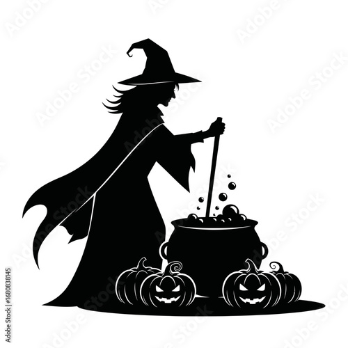 Halloween Witch Brewing Potion with Pumpkins