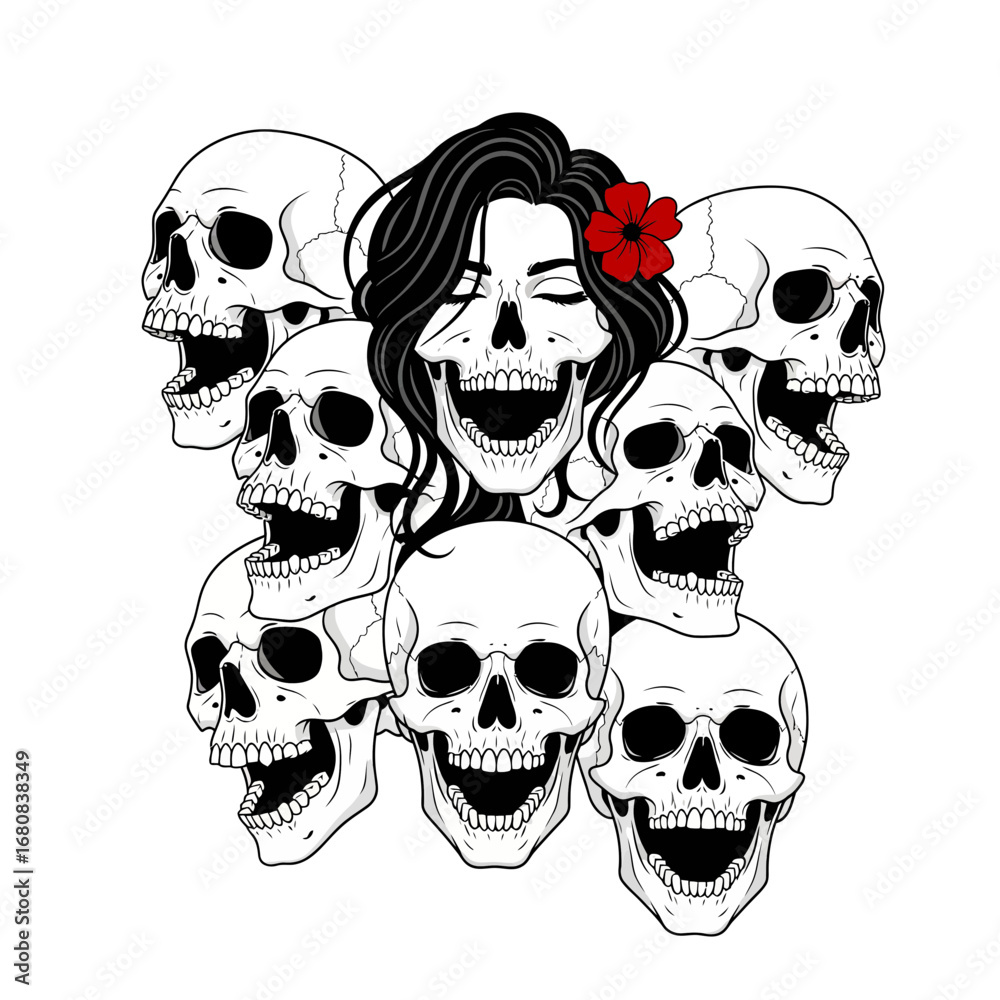 Obraz premium Skull Woman with Red Flower Surrounded by Skulls with Open Mouths