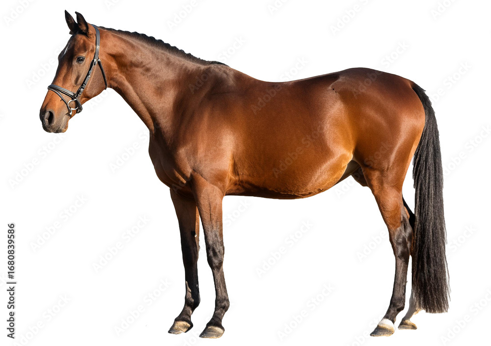 Obraz premium Bay horse standing Isolated on Transparent or White Background.
