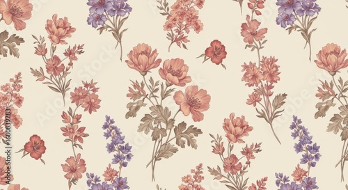 Floral Pattern with Pink Purple and Beige Flowers.