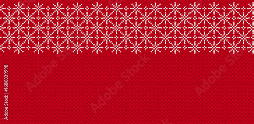 Holiday traditional ornament. Christmas seamless background. Fair festive print with snowflakes. Knit winter red pattern. Knitted Xmas sweater texture. Vector illustration.