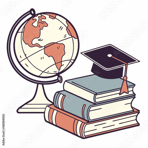 Globe and stack of books with a graduation cap on top in a stylized drawing on a white background Keywords: globe, books, graduation cap, education, learning, knowledge, world, geography, study