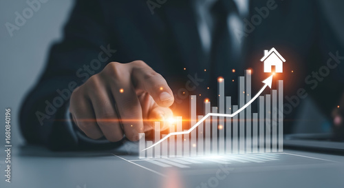 Businessperson pointing at a rising real estate market graph with a house icon symbolizing property investment growth