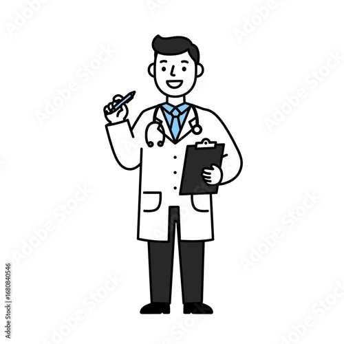 Cartoon Doctor with Stethoscope Holding Clipboard and Pen Smiling.