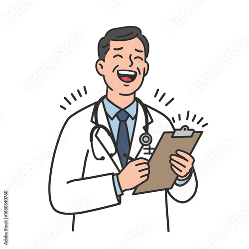 Cheerful Doctor with Clipboard Smiling Wearing Lab Coat and Stethoscope.