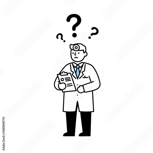 Confused Doctor Holding Clipboard with Question Marks Above Head.