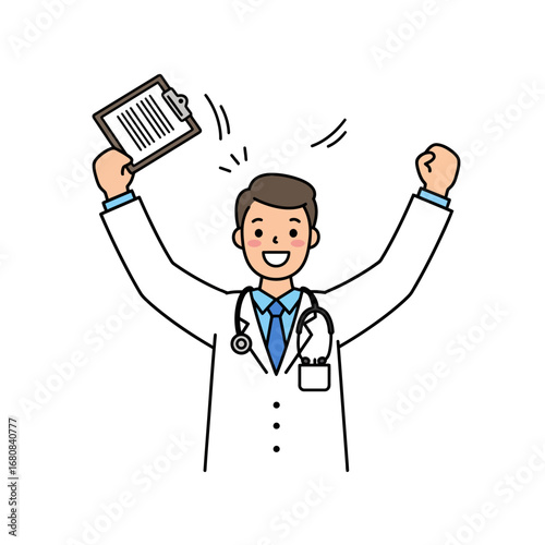 Cheerful Doctor Celebrating Success with Clipboard in Hand Wearing White Coat.