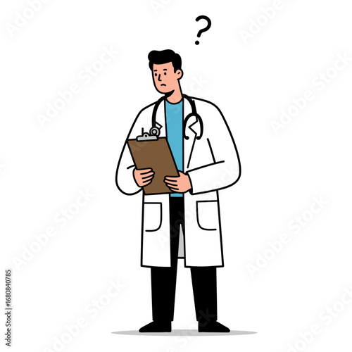 Confused Doctor Holding Clipboard with Question Mark Above Head.