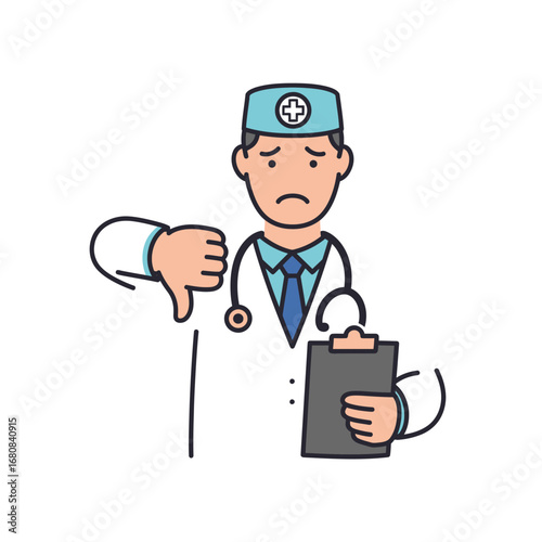 Disappointed Doctor with Thumbs Down and Clipboard Wearing a Blue Cap and Stethoscope.