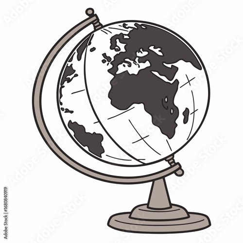 Stylized illustration of a globe on a stand showing continents and latitude lines earth world