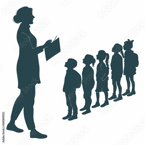 Teacher with clipboard addressing a line of children kids students