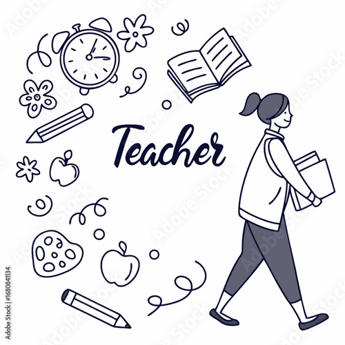 Teacher with books surrounded by school-related doodles and lettering education learning