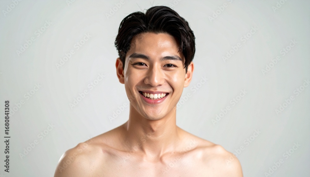Obraz premium ひげ脱毛後の美しい肌の若い日本人男性 爽やかな笑顔を見せる清潔感のある若い男性のポートレート