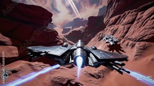 Armed interstellar vessels engaged in combat above the extraterrestrial terrain of the fourth planet from the sun
