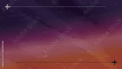 朝と夜の狭間の空を飛ぶ飛行機のシルエットの背景フレームイラスト