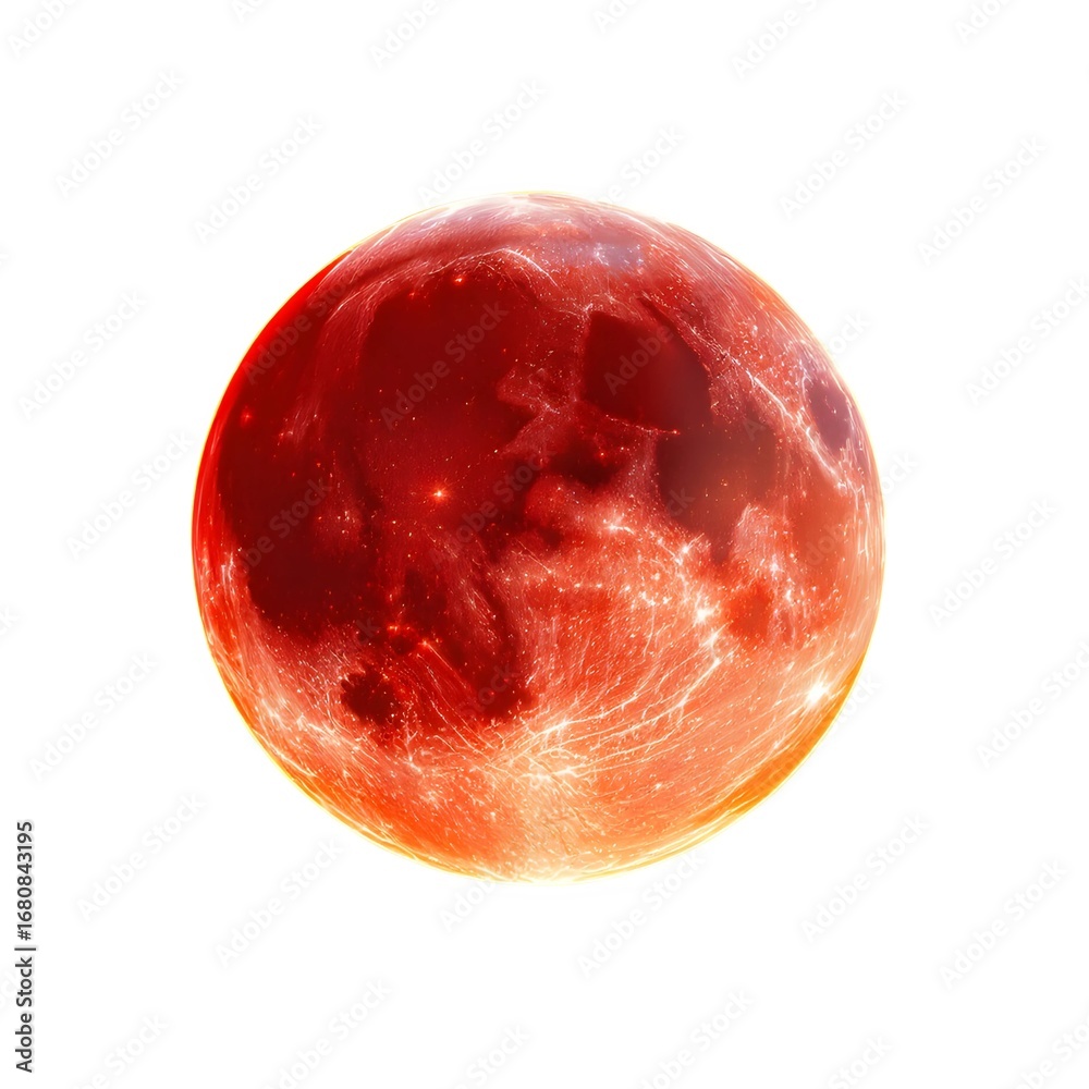 Obraz premium High Resolution Isolated Glowing Red Lunar Eclipse Blood Moon on Pure White Background, Sharp Celestial Surface Texture, Perfectly Centered Round Shape, Ultra-Realistic Stock Photo Cutout Object