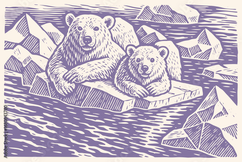 A polar bear mother and her cub rest on a melting ice floe in the arctic. A monochrome vector illustration in a vintage woodcut or linocut print style.