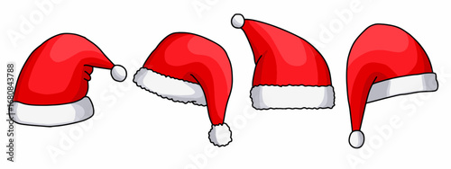 Set of red santa claus hats isolated on white background. Hand drawn cartoon santa hat icons