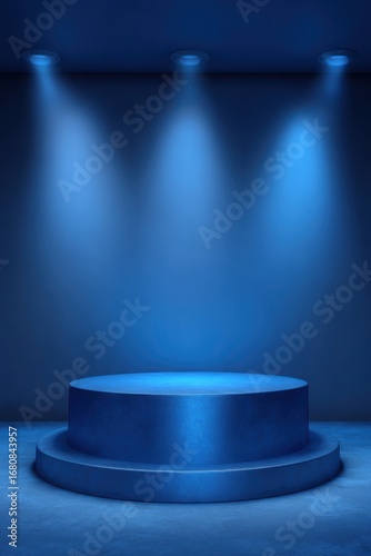 Blue stage podium with textured surface and three spotlights from above image photo