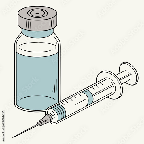 Illustration of a vaccine vial and syringe, depicting medical treatment, immunization, and healthcare