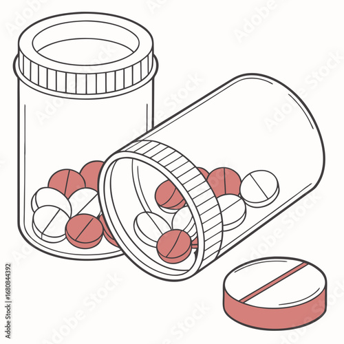 Illustration of two open medicine bottles with pills spilling out, one bottle standing and one lying down, with a single pill on the side