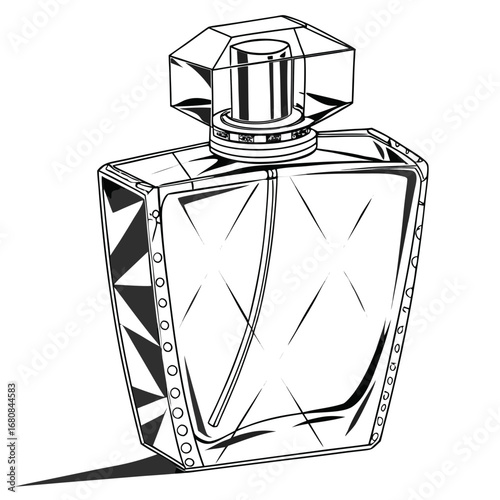 Vector art of elegant perfume bottle illustration, , showcasing its transparent glass design, perfect for beauty, fashion, and luxury themes, a stylish accessory for fragrance