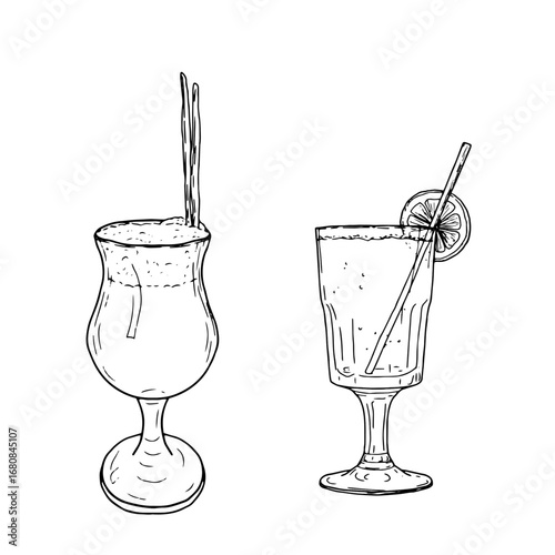 Martini glass on thin stem with a slice of lime, black and white ink sketch. Vector illustration. Classic cocktail glass, tropical flower and monstera leaf, silhouette set isolated on white background