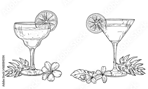 Martini glass on thin stem with a slice of lime, black and white ink sketch. Vector illustration. Classic cocktail glass, tropical flower and monstera leaf, silhouette set isolated on white background