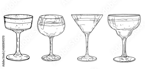 Elegant cocktail, martini or liqueur glasses, black and white sketch. Vector illustration. A set of dishes for a bar or a nightclub, isolated on a white background. for menus, recipes, packaging