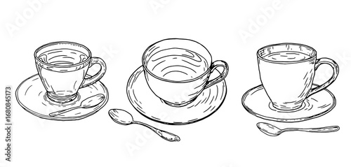 Porcelain mugs with tea, black and white ink sketch. Vector illustration. A set of coffee mugs and a spoon, isolated on a white background. The theme of cuisine, cooking, cafes and restaurants