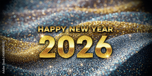 The year 2026 is highlighted in golden numbers against a shimmering background of gold and silver glitter, symbolizing a bright and prosperous new year