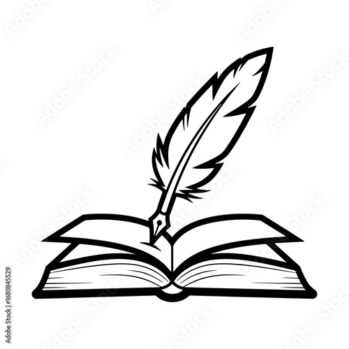 Symbolic vector illustration of an open book and a feather pen, suitable for use in literature, writing, poetry, novel covers, educational research, blogs, fantasy designs, and creative projects.