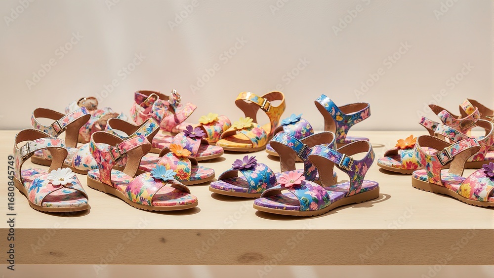 Obraz premium Display of colorful womens sandals arranged neatly on a light wooden shelf in a modern shoe store.
