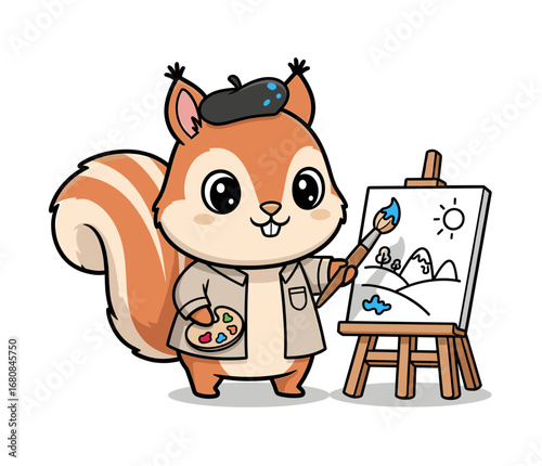 A cute cartoon squirrel artist in a coat and beret, painting a landscape on an easel. Vector illustration for creativity, hobbies, and art books for kids
