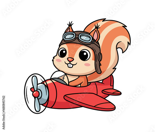 A funny cartoon squirrel pilot wearing a helmet and goggles, flying a red airplane. Vector illustration for adventures, travel, and aviation