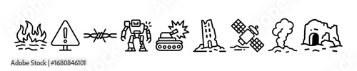 Dangerous War Zone Vector Outline Icon Set