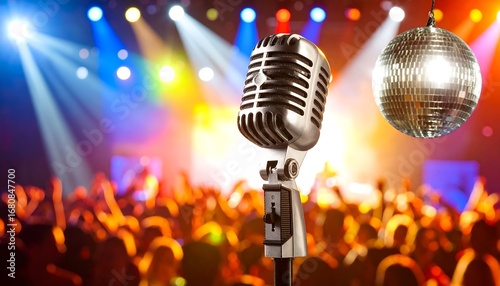 Retro microphone on stage with disco ball