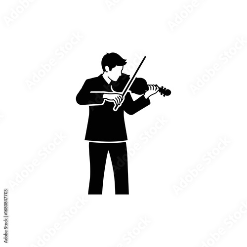 A stylized figure plays an acoustic guitar while walking.