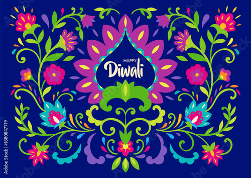 Colorful Floral Frame Diwali Illustration