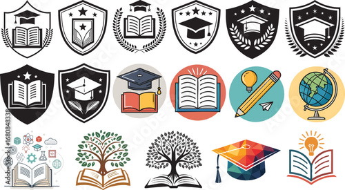 Education logo set with book, graduation cap, shield, globe, tree of knowledge, and learning icons vector design