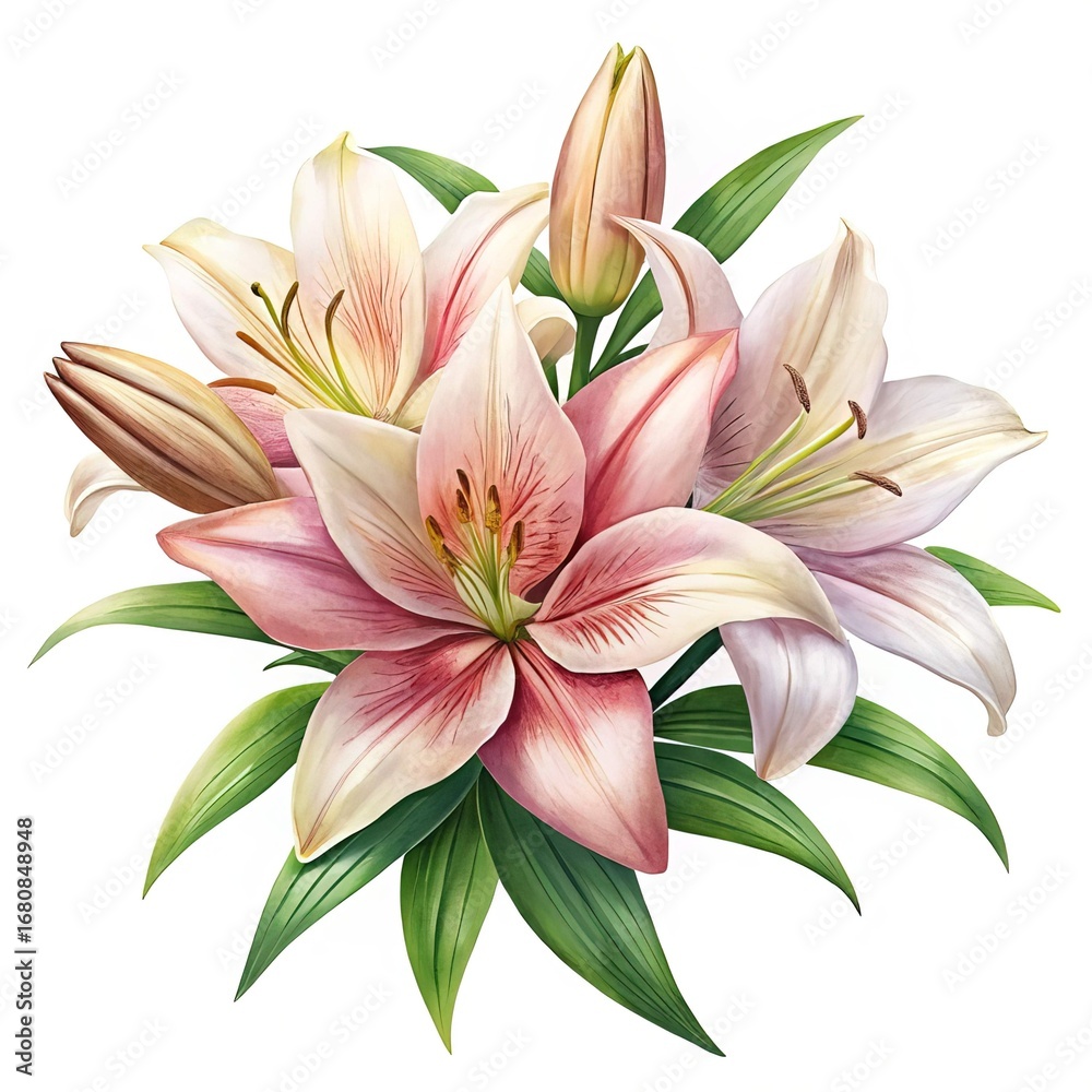Obraz premium Elegant Watercolor Lily Bouquet in Pale Pink, Cream, and Lush Green
