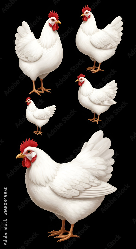 Fototapeta premium A group of white chickens with red combs and wattles isolated on black background