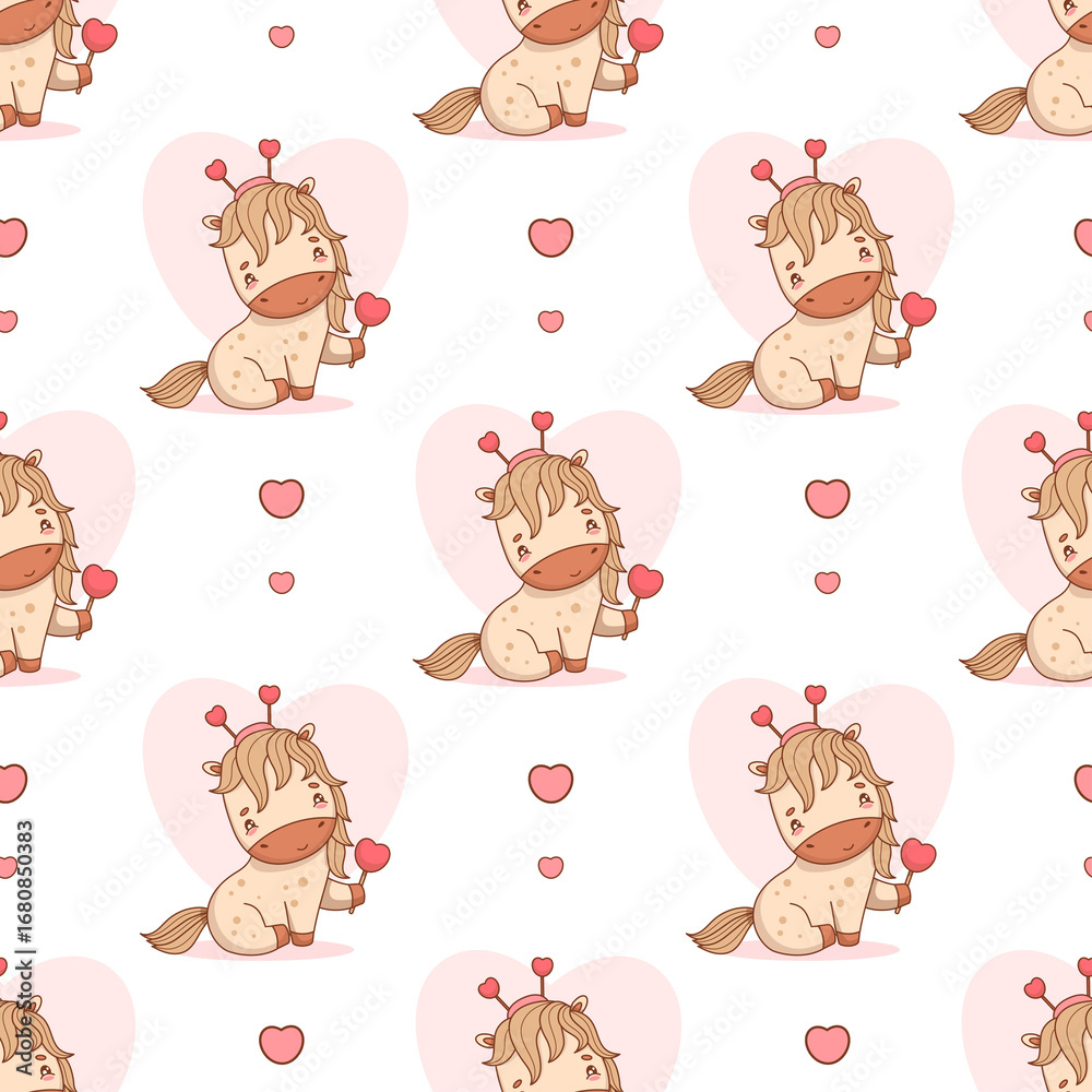 Obraz premium Seamless Valentine pattern. Romantic Cute Horse with Hearts. Holiday Cartoon Animal Pony Kawaii