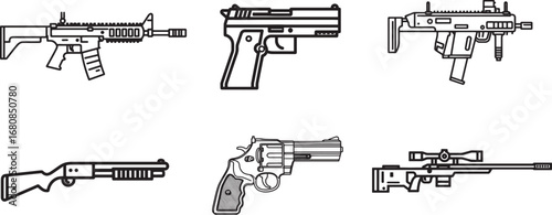 Set of Guns line art. Rifle, handgun and sniper 