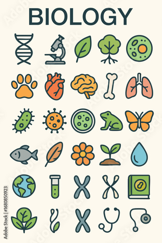A comprehensive biology icon set in flat, colorful style, featuring DNA, microscope, cells, heart, brain, lungs, virus, bacteria, chromosomes, animals, plants, and more. 