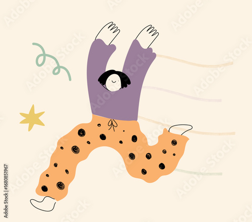 
Quirky abstract character isolated. Happy doodle woman running with excitement celebrating a win. Cute vector illustration in hand drawn line art style.
